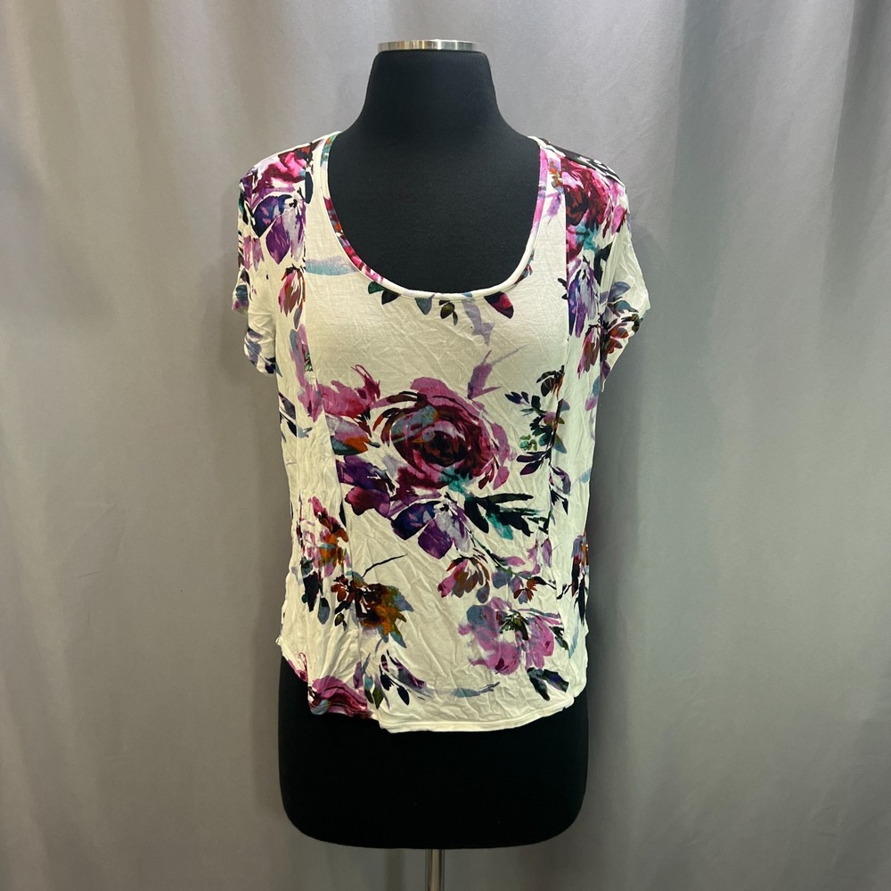 Simply Vera Vera Wang Blouse Top Womens Petite XL White Floral Print Cap Sleeves